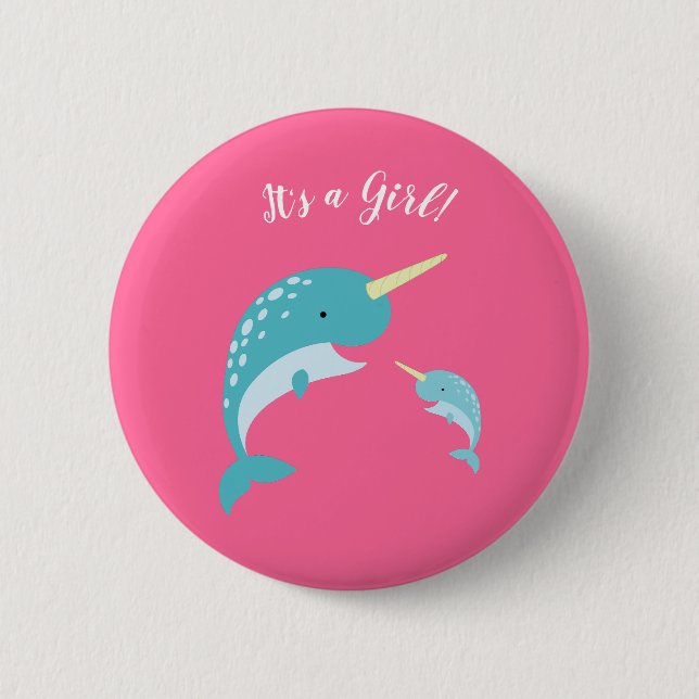 Pink Narwhal Baby Shower Button (Front)