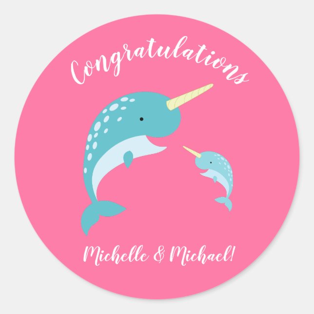 Pink Narwhal Baby Shower Classic Round Sticker (Front)