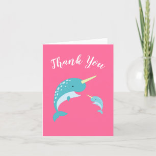 Pink Narwhal Baby Shower Letterpress Thank You Card