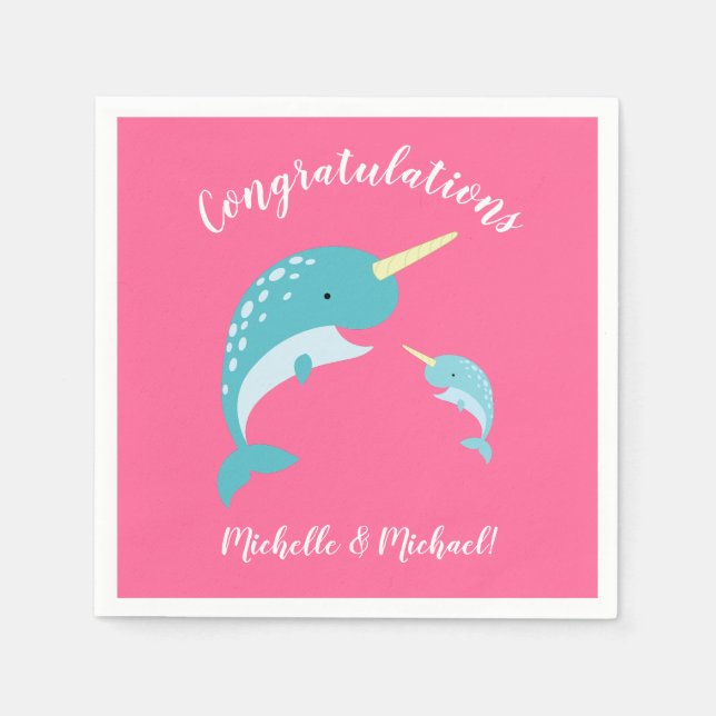 Pink Narwhal Baby Shower Napkins (Front)