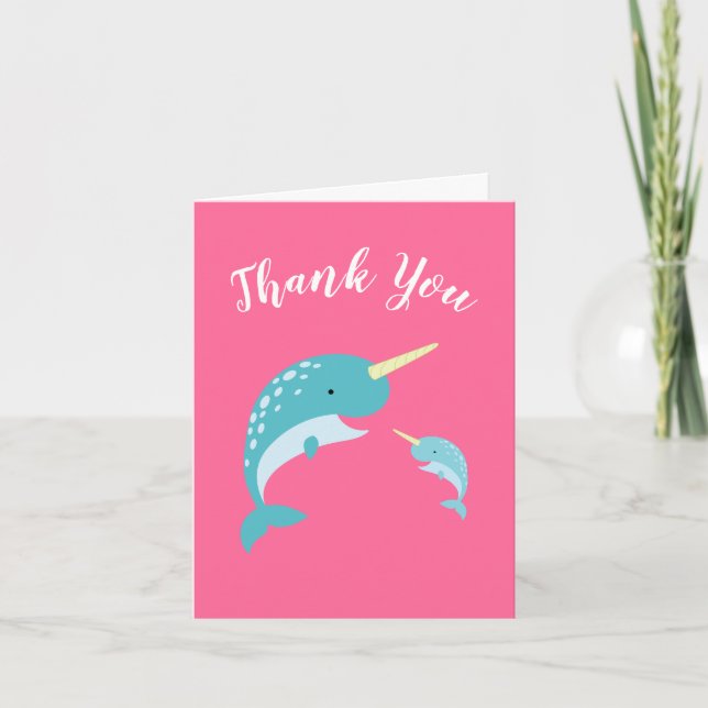 Pink Narwhal Baby Shower Thank You Card (Front)