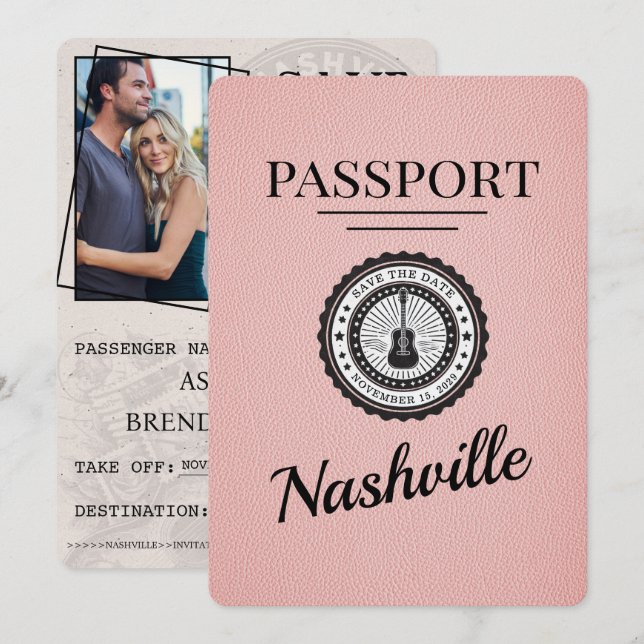 Pink Nashville Passport Save The Date (Front/Back)