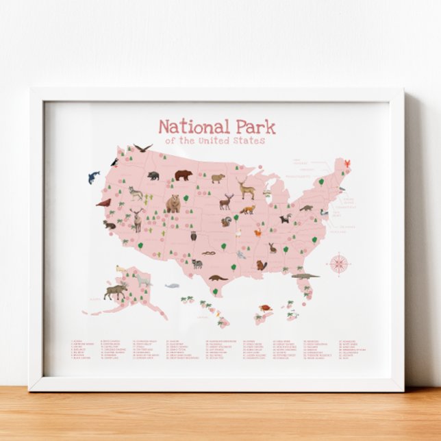 Pink National Park Map Woodland Nursery Print (Pink National Park Map Woodland Nursery Print)