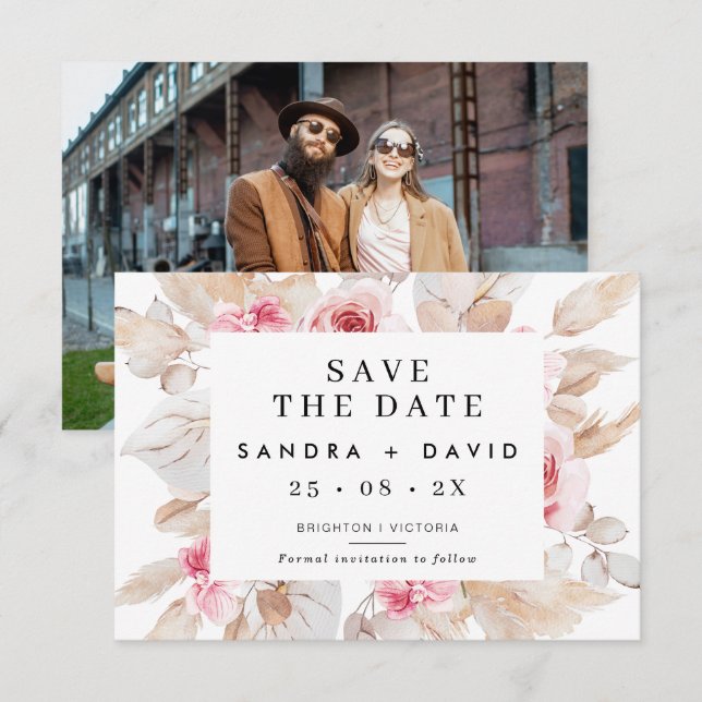 Pink Natural Tones Pampas Save The Date Card (Front/Back)
