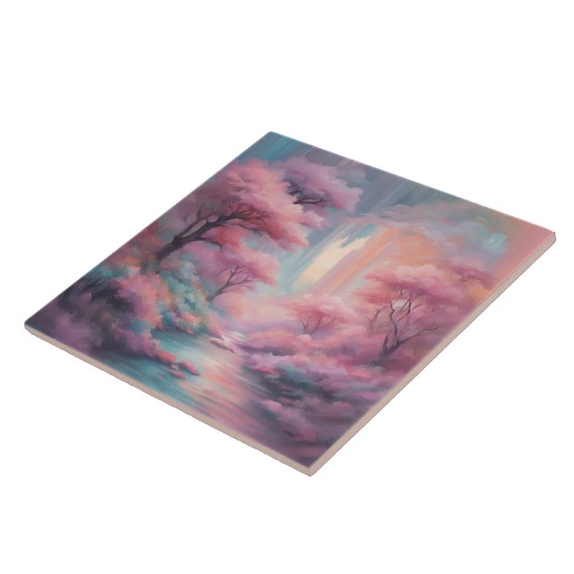 Pink Nature Forest AI art  Ceramic Tile (Side)