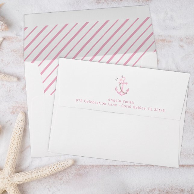 Pink Nautical Anchor Baby Shower Envelope (Pink Floral Anchor Self Addressed Envelope)