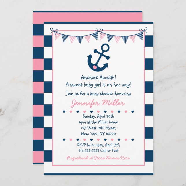 Pink Nautical Anchor Baby Shower Invitation (Front/Back)