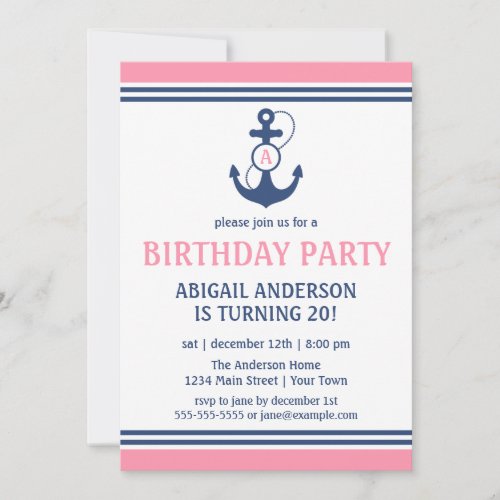 Pink Nautical Anchor Birthday Party Invitations