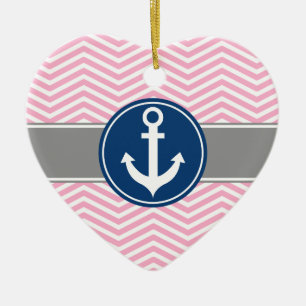 Pink Nautical Anchor Chevron Ceramic Ornament