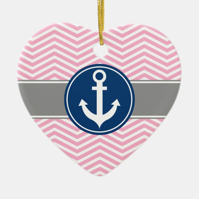Pink Nautical Anchor Chevron Ceramic Ornament (Front)