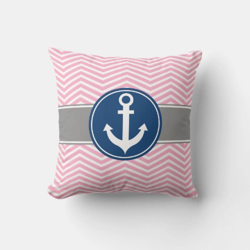 Pink Nautical Anchor Chevron Throw Pillow