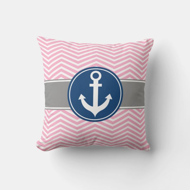 Pink Nautical Anchor Chevron Throw Pillow (Front)