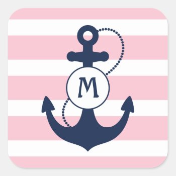 Pink Nautical Anchor Monogram Square Sticker by snowfinch at Zazzle