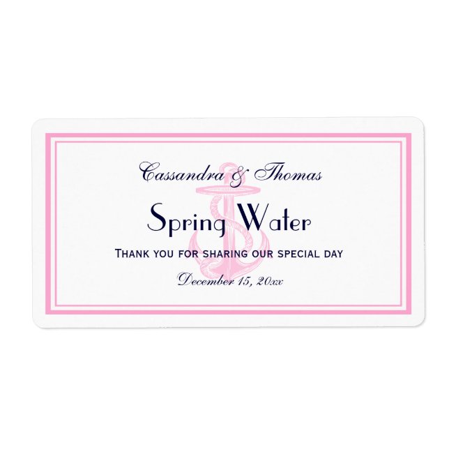 Pink Nautical Anchor Pink Framed H Water Bottle Label (Front)