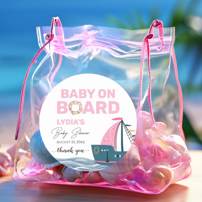 Pink Nautical Baby on Board Baby Shower Classic Round Sticker (Creator Uploaded)