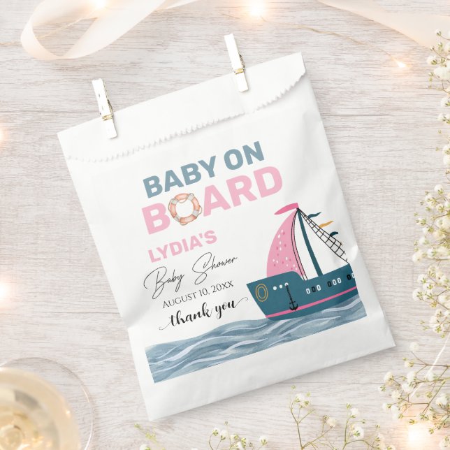 Pink Nautical Baby on Board Baby Shower Favor Bag (Clipped)