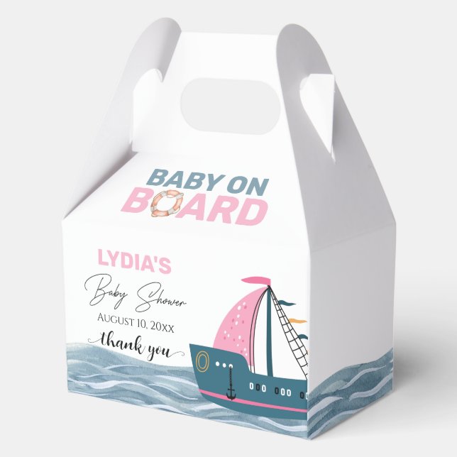 Pink Nautical Baby on Board Baby Shower Favor Boxes (Front)