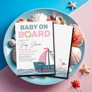 Pink Nautical Baby on Board Baby Shower Invitation