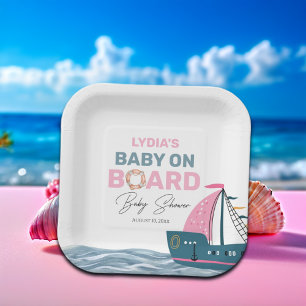 Pink Nautical Baby on Board Baby Shower Paper Plates