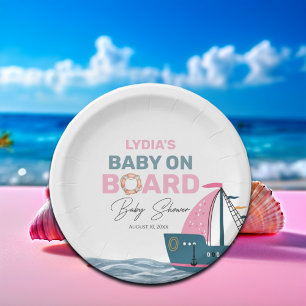 Pink Nautical Baby on Board Baby Shower Paper Plates