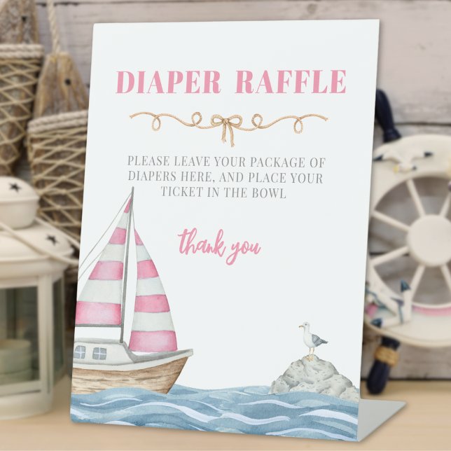 Pink Nautical Baby Shower Diaper Raffle Pedestal Sign (Pink Nautical Baby Shower Diaper Raffle Pedestal Sign)