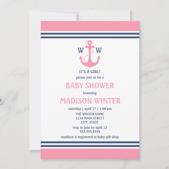 Pink Nautical Baby Shower Invitations (Front)