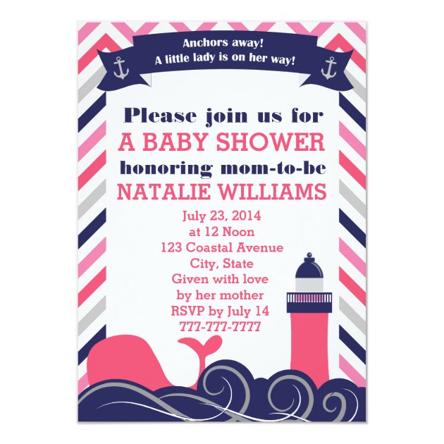 Pink Nautical Baby Shower Or Sprinkle Girl Invitation