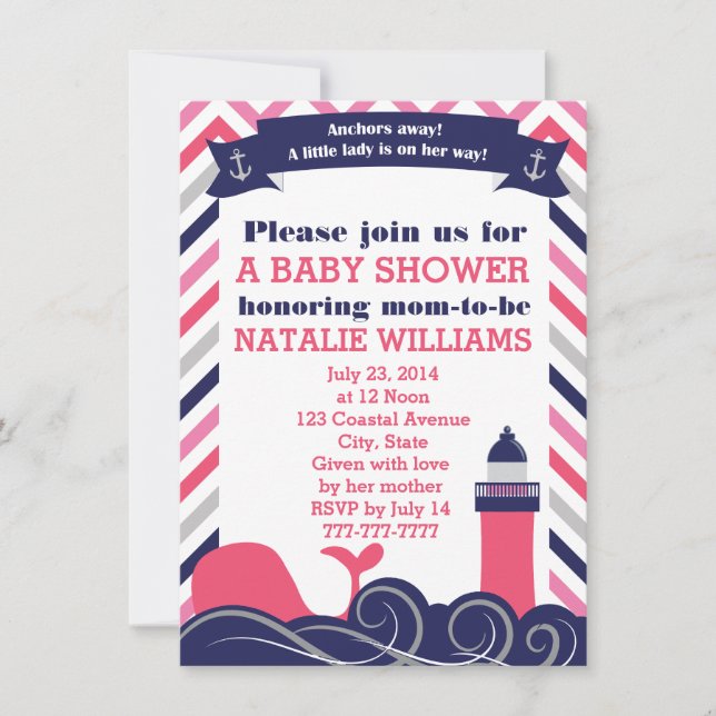 Pink Nautical Baby Shower or Sprinkle Girl Invitation (Front)