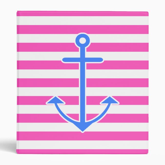 Pink Nautical Blue Anchor 3 Ring Binder (Front)