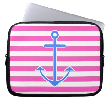 Pink Nautical Blue Anchor Laptop Sleeve by OrganicSaturation at Zazzle