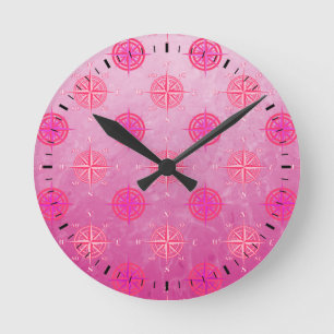 Pink Nautical Compass Rose Round Clock