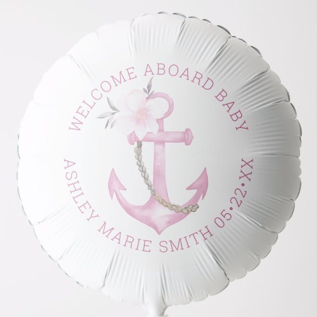 Pink Nautical Girl Baby Shower Balloon | Watercolo (Front)