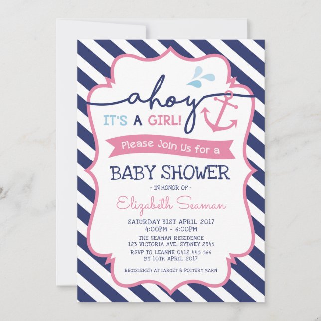 Pink Nautical Girl Baby Shower Invitation Ahoy (Front)