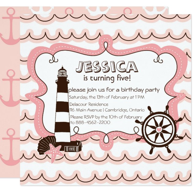 Pink Nautical Lighthouse Birthday Invitation