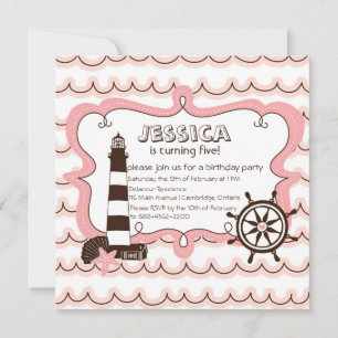Pink Nautical Lighthouse Birthday Invitation