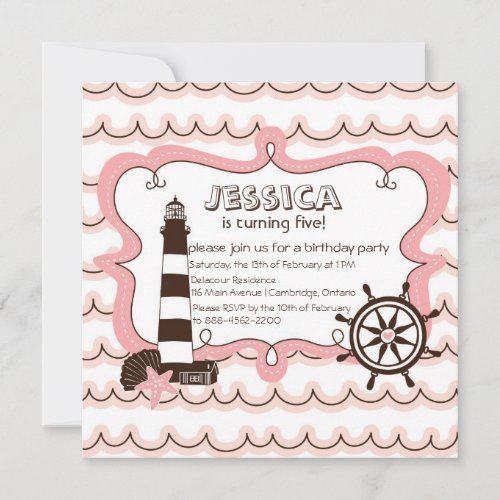 Pink Nautical Lighthouse Birthday Invitation