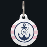 Pink Nautical Monogram Pet Tag<br><div class="desc">Navy blue anchor with pink nautical stripes and monogram,  add your pet's name and your phone number on the back.</div>