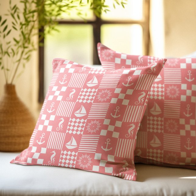 Pink Nautical Patchwork Pattern Throw Pillow (Creator Uploaded)