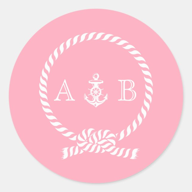 Pink Nautical Rope and Anchor Monogram Classic Round Sticker (Front)