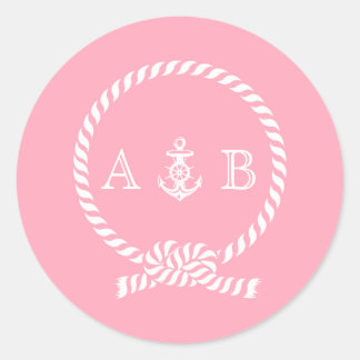 Pink Nautical Rope and Anchor Monogram Classic Round Sticker