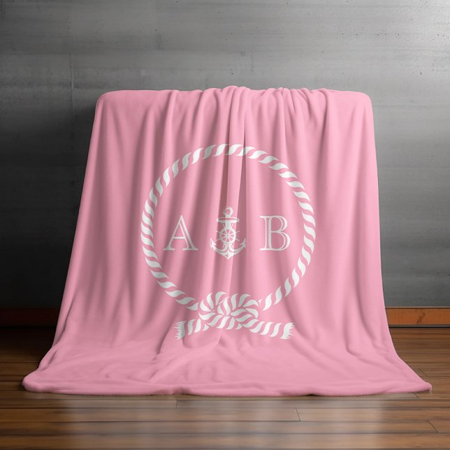 Pink Nautical Rope and Anchor Monogrammed Fleece Blanket (Creator Uploaded)
