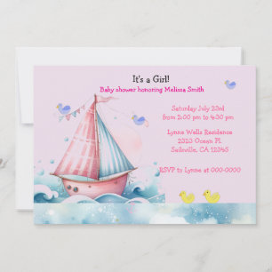 Pink Nautical Sailboat Baby Girl Shower Invitation