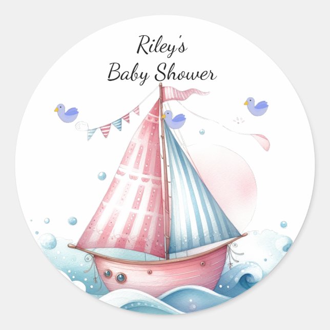 Pink Nautical Sailboat Baby Shower Classic Round Sticker (Front)