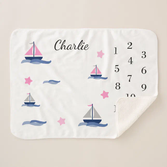 Pink Nautical Sailboat Milestone Month Baby Girl Sherpa Blanket