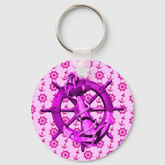 Pink Nautical Ships Wheel And Anchor Keychain (Front)