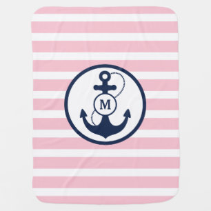 Pink Nautical Stripes with Anchor Monogram Baby Blanket