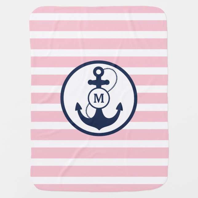 Pink Nautical Stripes with Anchor Monogram Baby Blanket (Front)