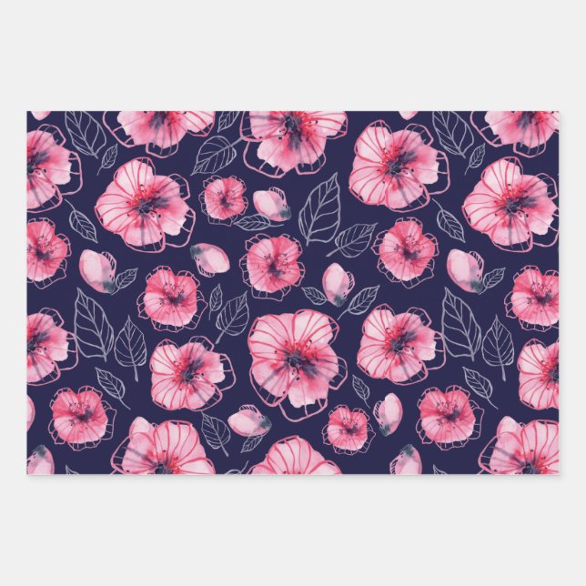 Pink navi blue Wrapping Paper Flat Sheet Set of 3 (Front)