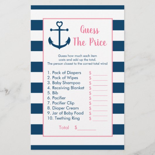 Pink Navy Anchor Guess The Price Shower Game (Front)