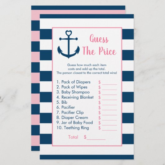 Pink Navy Anchor Guess The Price Shower Game (Front/Back)